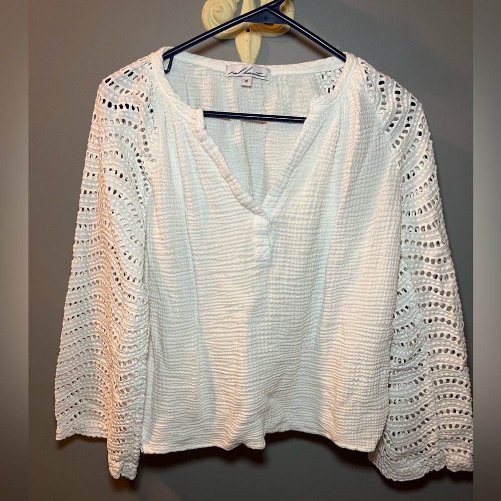 Red Haute White Crochet Sleeve V-Neck Peasant Blouse